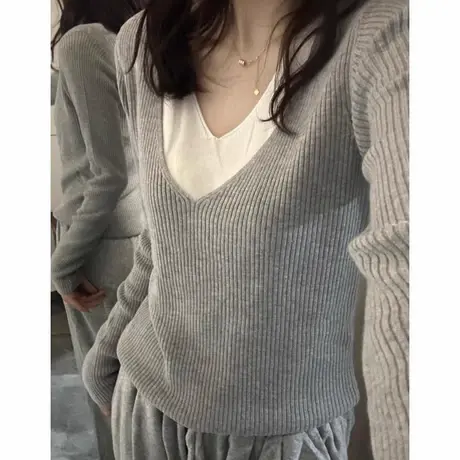 假两件拼接v领针织衫女早秋季穿搭氛围感韩系慵懒风毛衣长袖上衣商品大图