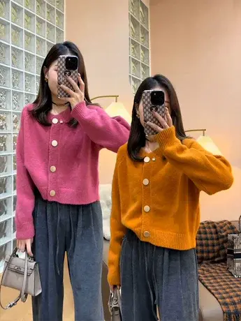 欧货慵懒风时尚单排扣毛衣外套女秋冬软糯简约休闲减龄针织开衫潮商品大图