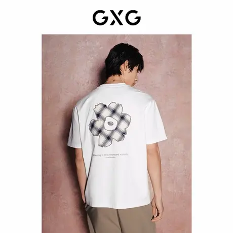GXG男装    后背花卉绣花时尚圆领短袖T恤男生上衣 24年夏季新品商品大图