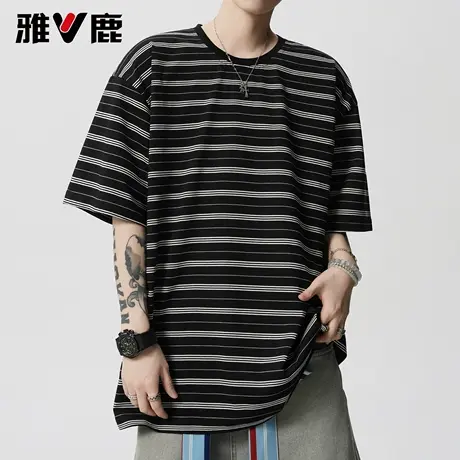 雅鹿港风圆领短袖条纹T恤衫2026夏新款潮男宽松时尚高级感打底衫图片