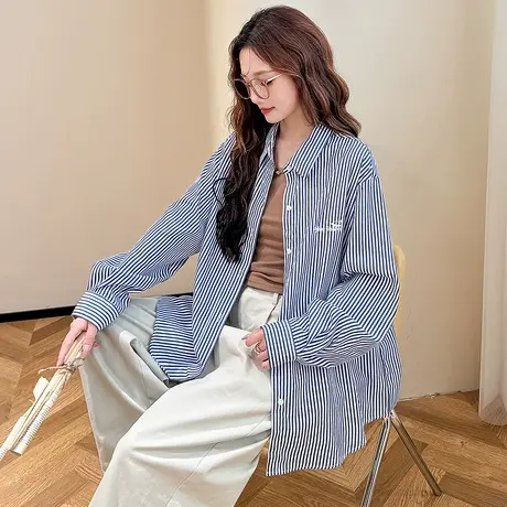 唐狮秋季衬衫女新款长袖条纹日常宽松开衫上衣时尚百搭TM图片