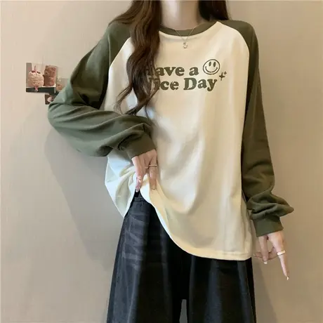 撞色插肩长袖T恤女春秋季宽松显瘦韩版内搭打底衫ins潮牌上衣体恤商品大图