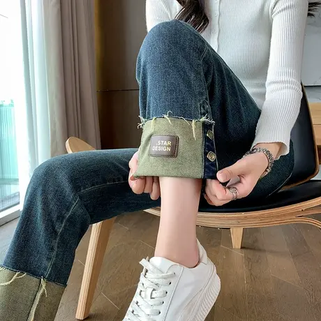 复古翻边牛仔直筒裤女2023秋季新款高腰修身显瘦小个子九分烟管裤商品大图