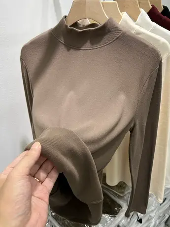 欧货纯色百搭双面磨毛半高领长袖T恤女2023秋冬装新款打底衫上衣商品大图