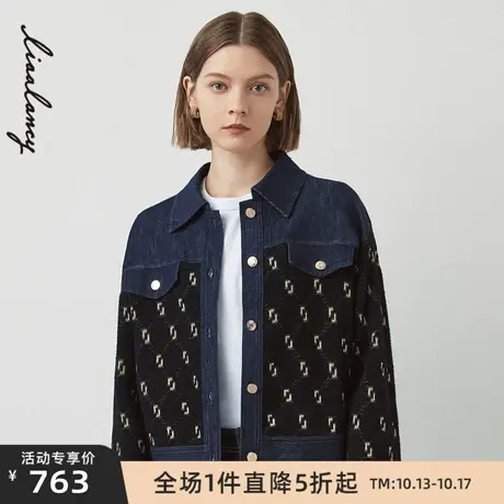 LANCY/悦朗姿冬季新款牛仔上衣印花针织外套女高级通勤衬衫领商品大图