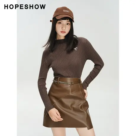 红袖outlets豹纹贴标半高领针织衫hopeshow2023冬套头内搭打底衫商品大图