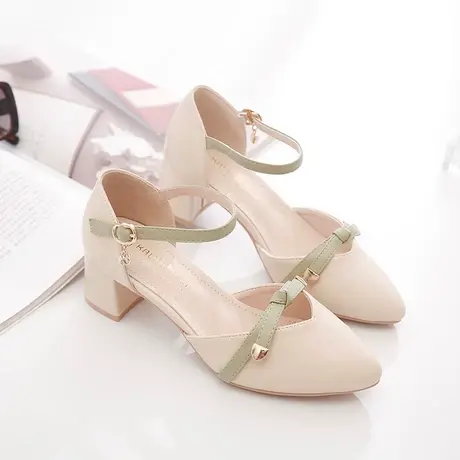 【真皮】单鞋女2023新款春夏中空中跟粗跟一字扣带包头凉鞋配裙子商品大图