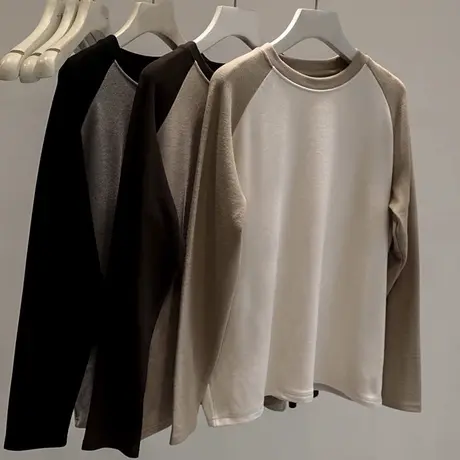 撞色拼接长袖T恤女2023秋冬新款加绒加厚打底衫外穿插肩袖上衣潮图片