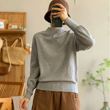 dza 复古纯色半高领长袖针织衫女秋冬内搭棉线上衣宽松毛衣打底衫商品大图