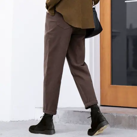 咖啡色裤子女2023新款休闲九分萝卜裤大码女裤秋冬加厚加绒哈伦裤图片