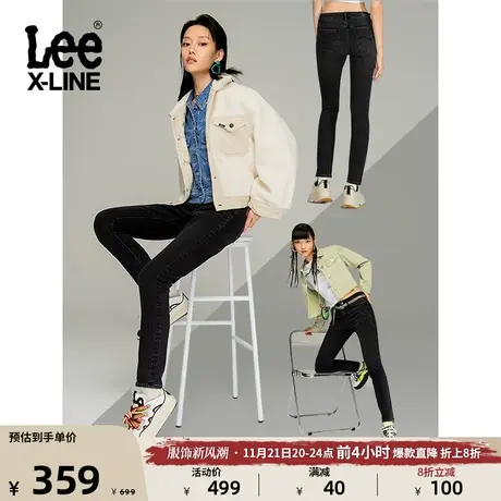 Lee418修身中腰窄脚女磨毛黑色五袋款牛仔裤保暖潮流LWB10041810图片