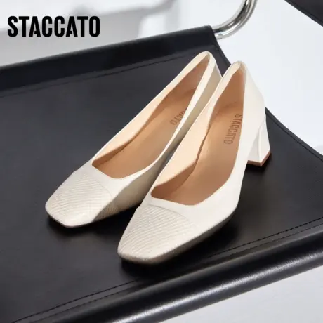 思加图新款奶油鞋方头粗跟浅口单鞋法式高跟鞋女EL106CQ3图片