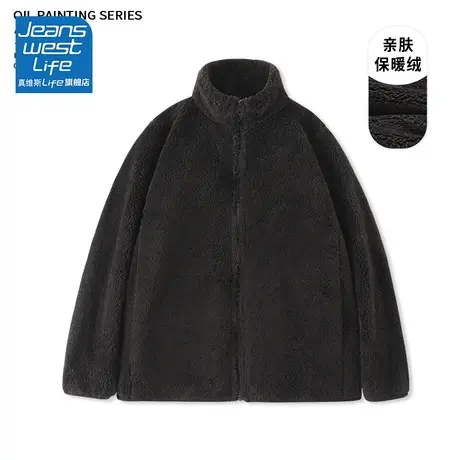 真维斯LIFE卫衣拉链纯色外套女加绒黑色秋冬款宽松慵懒风保暖上衣商品大图