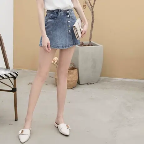 桔熊夏季甜辣不对衬一片式单排扣设计牛仔短裤裙子女大码BA5451图片