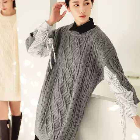 桔熊秋冬季保暖粗毛线别致设计感条纹衬衫袖毛衣裙子女大码FA2450图片
