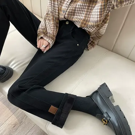 黑色加绒牛仔裤女冬季新款直筒宽松高腰显瘦加厚小个子九分烟管裤商品大图