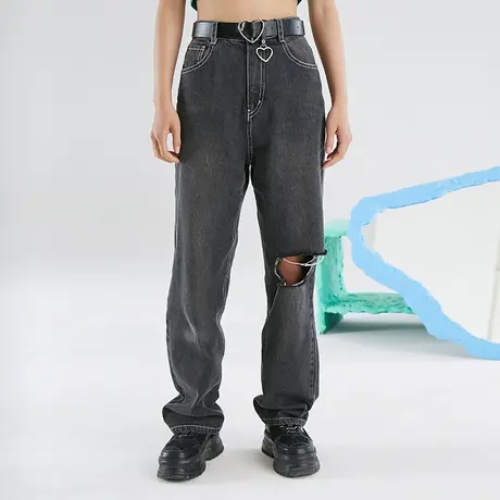 omont蛋挞家 复古休闲浅色破洞牛仔裤女高腰直筒老爹裤长裤夏季商品大图