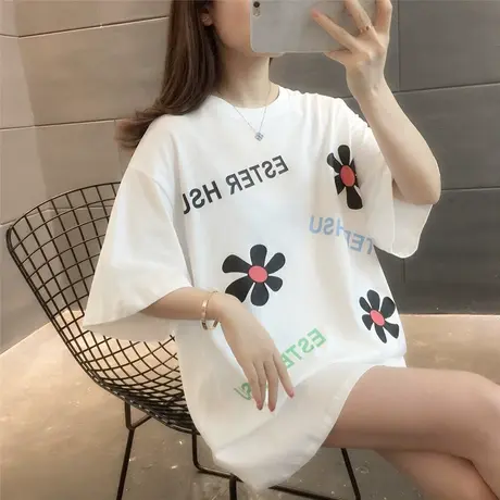 2023夏学生短袖韩版新款拼色字母花朵宽松显瘦棉短袖T恤百搭女装图片