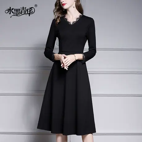 【1件7.9折】秋季新品简约时尚长袖A字裙优雅修身V领连衣裙商品大图