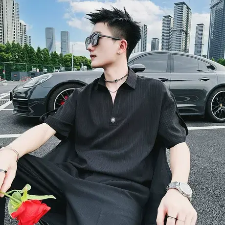 2023夏季衬衫男衬衣短袖宽松中袖潮流休闲五分袖纯色V领条纹体恤商品大图