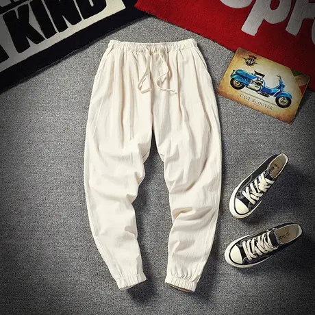 亚麻裤男夏季宽松薄款休闲裤日系复古九分裤小脚束腿裤亚麻料裤子图片