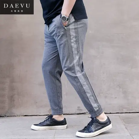 春新款灰色拼接织带大号弹力潮胖子加肥加大码男士针织休闲运动裤商品大图