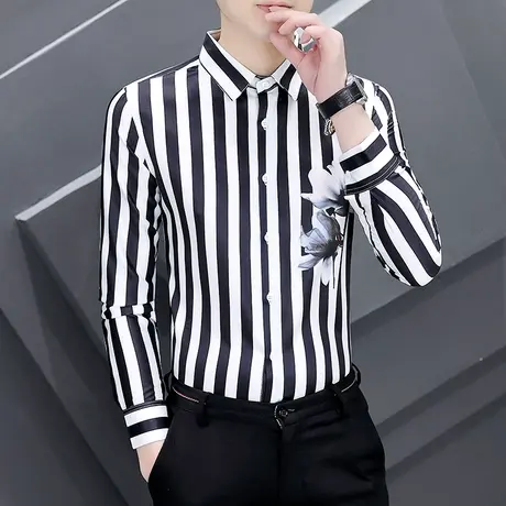 男士2023新款春秋季条纹长袖衬衫理发型师潮流修身痞帅高级感衬衣商品大图