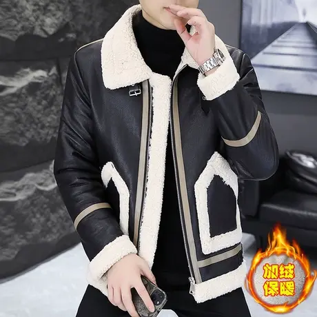 机车皮衣外套加绒加厚男士秋冬季潮流皮毛一体羊羔毛夹克防风保暖商品大图