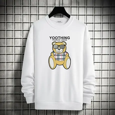 小熊卫衣男士潮流春秋款加绒套头无帽宽松圆领长袖t恤白色上衣服商品大图