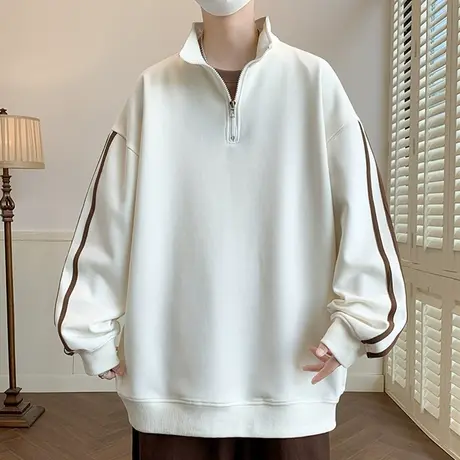 港风半拉链卫衣男秋季新款潮牌宽松立领条纹外套青少年休闲套头衫商品大图