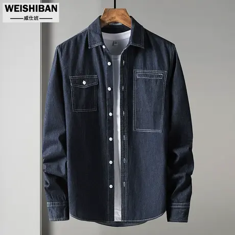 原色系牛仔衬衫男修身长袖衬衣潮流简约百搭休闲春夏蓝色牛仔上衣商品大图