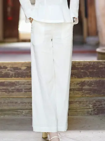 筠雅白色休闲裤子女阔腿裤复古时尚长款棉麻女式新款减龄中式女装商品大图