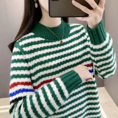 女士条纹毛衣2024年春秋新款针织衫加厚内搭上衣网红爆款时尚洋气商品大图