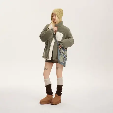 潮牌两面穿立领纯色棉服女冬季羊羔毛外套2023年新款复古宽松棉衣商品大图