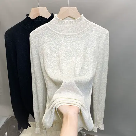半高领毛衣女蕾丝打底衫2023秋冬新款套头蕾丝针织衫洋气内搭上衣图片