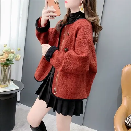 小香风圆领单排扣皮毛一体外套女2023秋冬新款设计感时尚减龄上衣商品大图