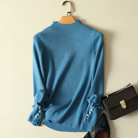 春装新款半高领纯色毛衣女木耳边钉珠洋气针织衫显瘦打底弹力上衣图片