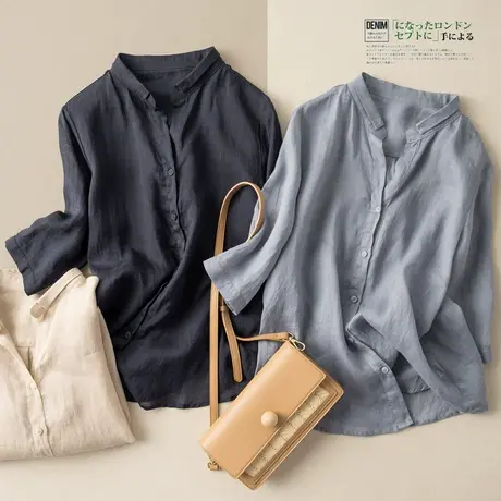 半开V领五分袖苎麻衬衫文艺复古港味2024夏季新款棉麻上衣衬衣女商品大图