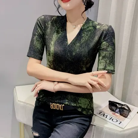 性感网纱V领T恤女中袖夏季洋气闪闪超闪亮丝独特上衣修身漂亮小衫图片