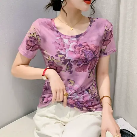 网纱T恤女短袖2024夏季新款时尚圆领上衣漂亮印花半袖气质小衫ins商品大图