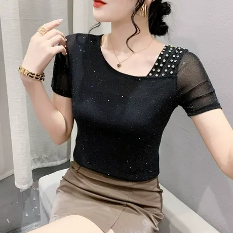 欧货网纱上衣女短袖时尚洋气钉珠T恤ins潮纯色百搭修身显瘦小衫夏商品大图