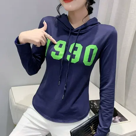 薄款连帽卫衣女长袖韩版设计感不规则弧形下摆上衣收腰洋气打底衫图片