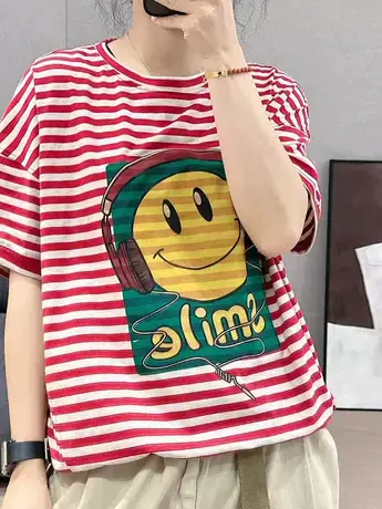 文艺复古条纹笑脸印花夏装上衣女圆领短袖微胖mm遮肉显瘦t恤洋气商品大图