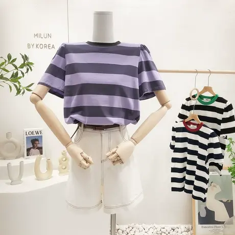 韩国东大门复古甜美上衣2022夏季新款chic泡泡袖条纹短袖T恤内搭图片