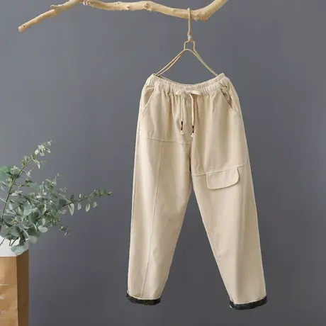 秋季新款文艺范灯芯绒休闲裤女松紧腰宽松哈伦裤女条纹长裤九分裤商品大图