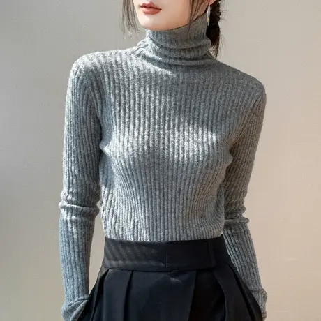灰色高领长袖针织衫女2023秋冬新款坑条内搭毛衣修身保暖打底衫商品大图