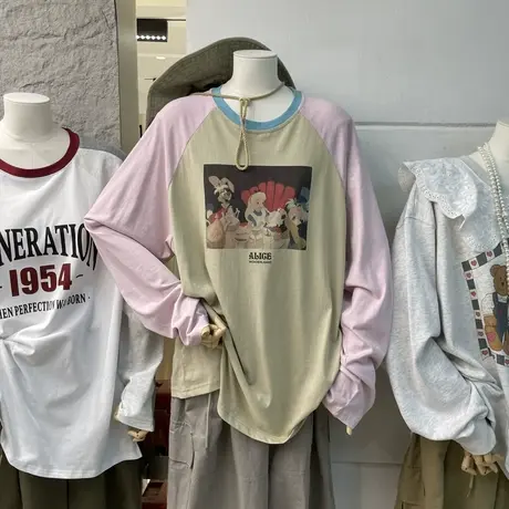 2023春秋装新款圆领字母卡通图案拼色袖宽松长袖T恤女打底衫上衣商品大图