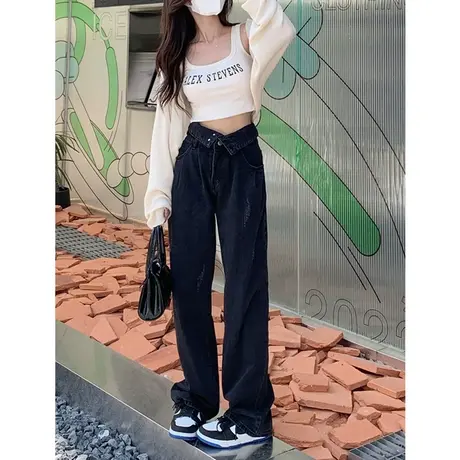 美式高街牛仔裤女秋季2023新款设计感高腰显瘦阔腿拖地长裤潮ins商品大图