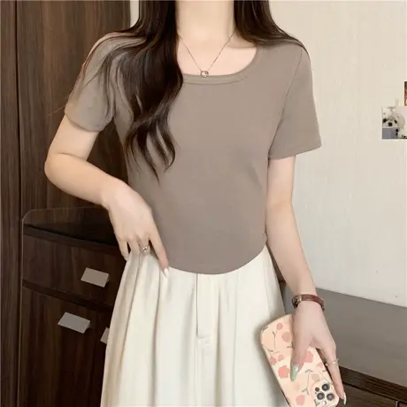 弧形下摆短款方领正肩短袖T恤女夏装修身显瘦打底小衫半袖上衣服图片