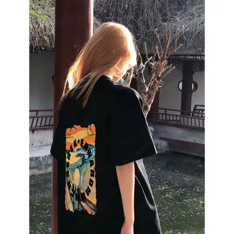 纯棉高级感黑色短袖t恤女美式复古风潮ins夏季情侣大码显瘦上衣商品大图